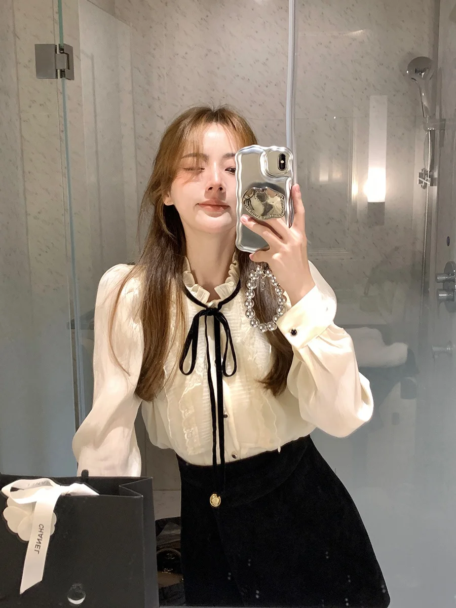 

Fce Lined Velvet Long Sve Princ Sle Princ Cut Base Layer irt for Women Lace Trimmed Stand Collar Casual Wear