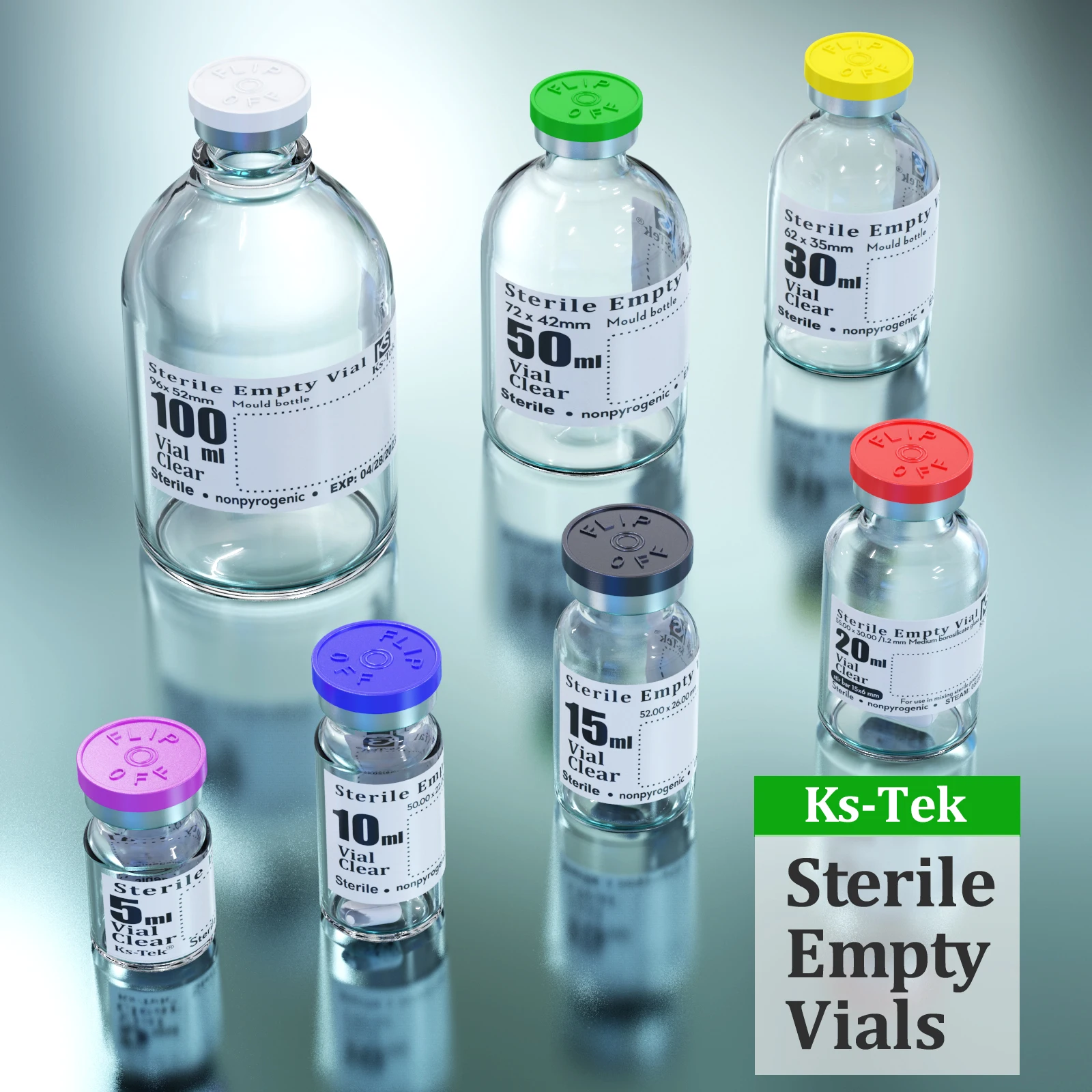 Fiale vuote sterili Ks-Tek con porta di iniezione autorigenerante, con tappo in alluminio ribaltabile, confezione sterile