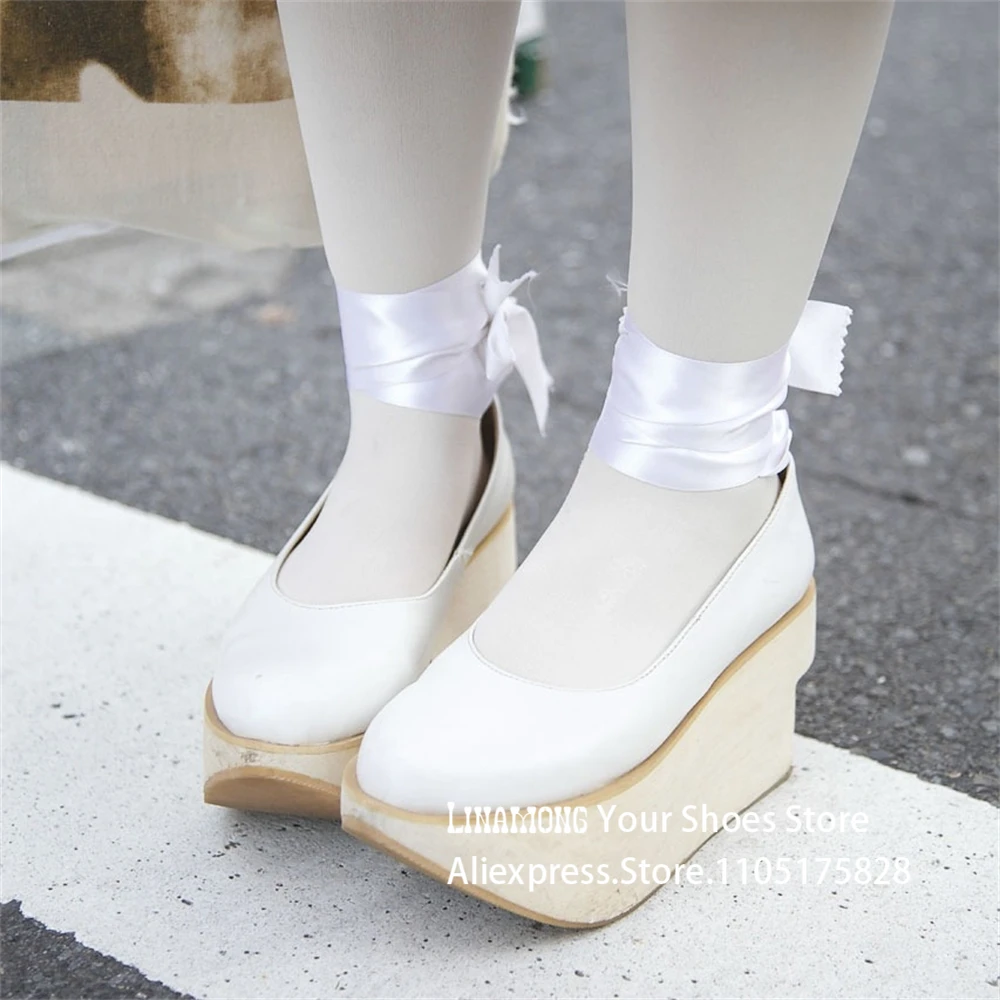 Sapatos de plataforma exclusivos de couro pu branco fita tira no tornozelo sapatos de salto estranho estilo kawaii quimono cosplay saltos personalizados multicoloridos