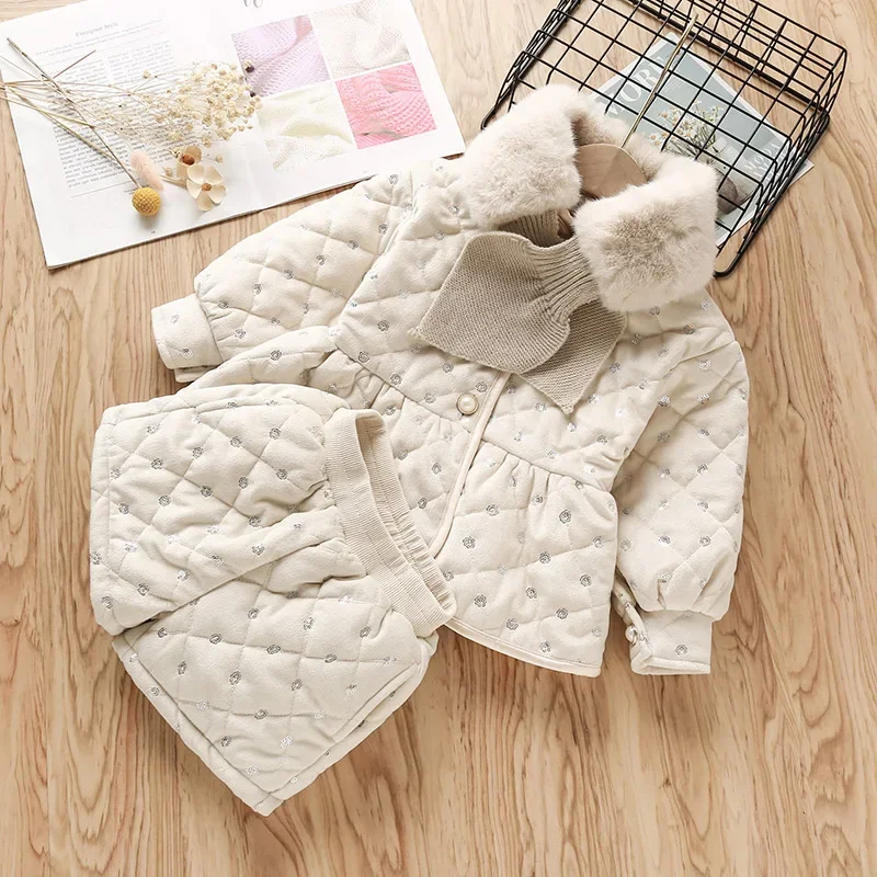 

Sequin Beading Kids Girls Jacket+Shorts Pants 2Pcs Winter Thick Warm Cotton Padded Coat Suit 2-6Years Old Children Clothing Sets