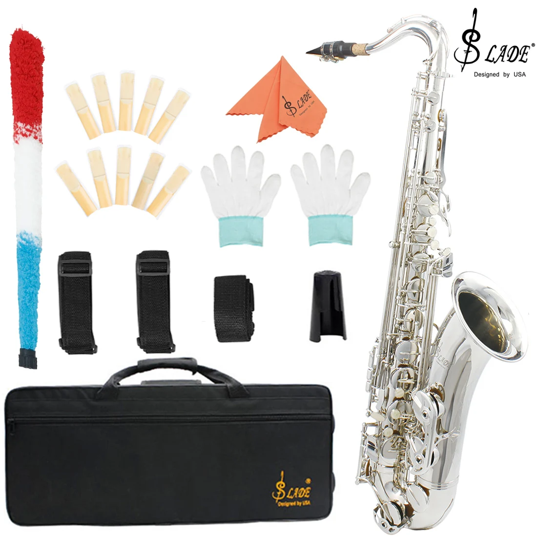 

SLADE Bb Tenor Saxophone Silver Key B Flat Tenor Sax Set Woodwind Instrument with Carrying Case Mouthpiece Cleaning Brush Parts