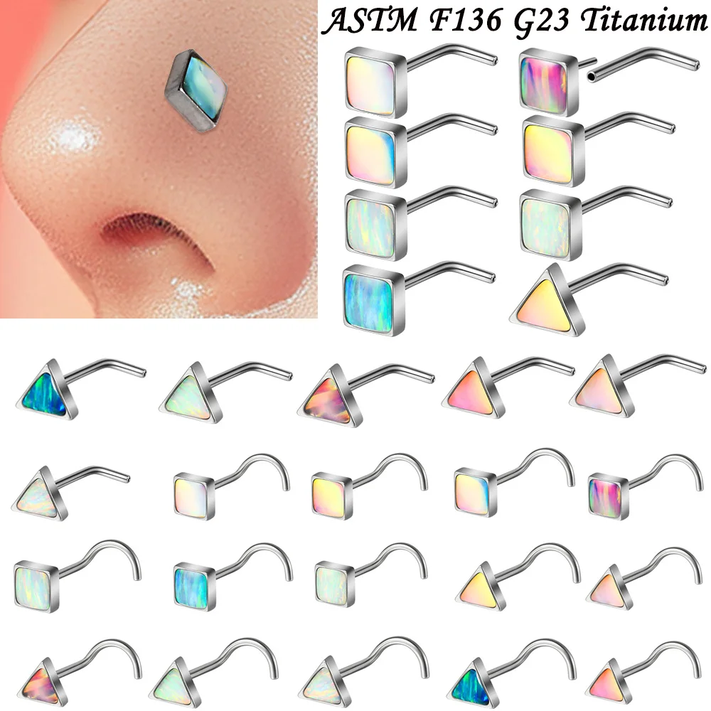 1PC Titanium Push-in Triangle Square Shape Opal Nose Stud L&5 Shape Pole Nose Ring Retainer Holder Hoop Body Jewelry 20G