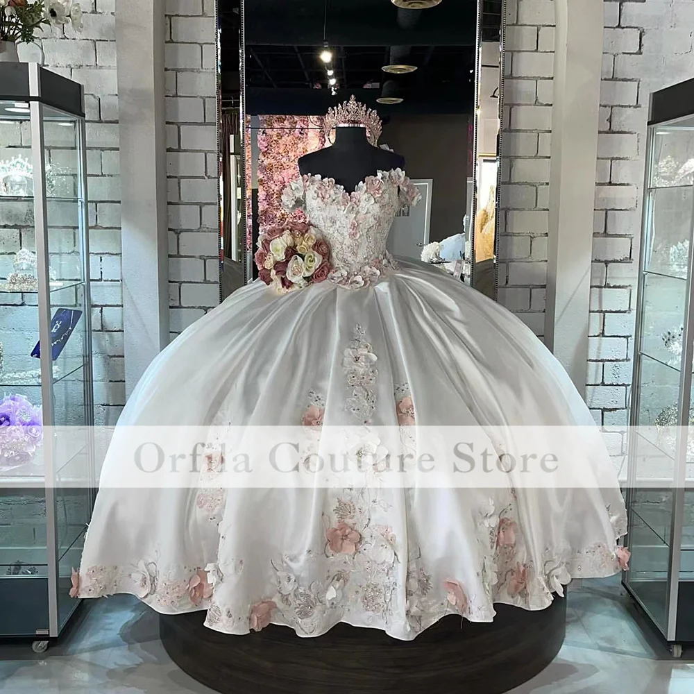 Branco cetim quinceanera vestidos fora do ombro apliques flores vestido de baile doce 16 vestidos de 15 años tamanho personalizado