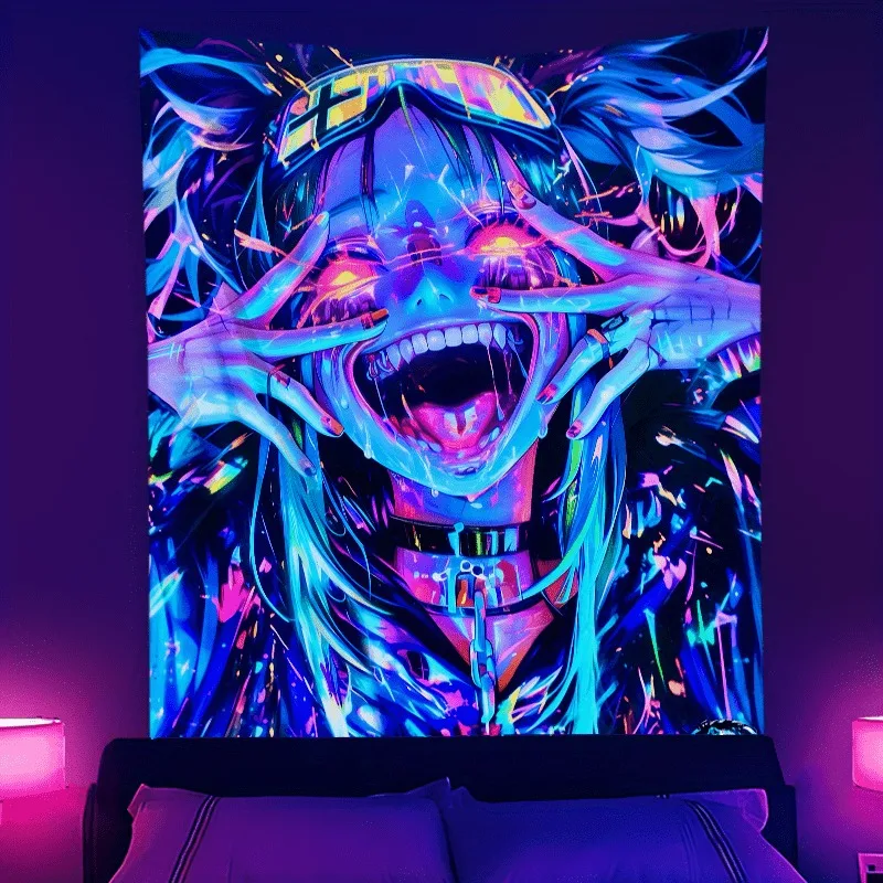 Vivid Anime Style UV Reactive Fluorescent UV Tapestry Cool Cartoon Aesthetic Luminous Decoration