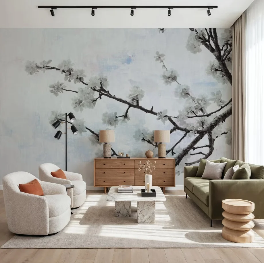 Customized size mural, hand drawn plum blossom and peach blossom decoration painting, meticulous brushwork painting 3d murals