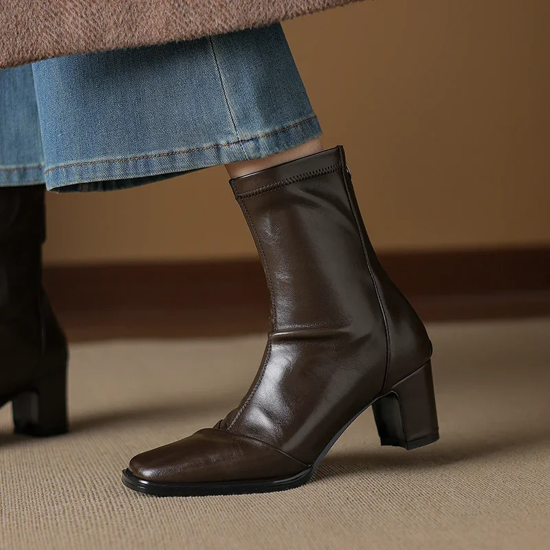

2026 new autumn winter women ankle boots 22-24.5cm stretch microfiber square toe modern boots high heel back zip skinny boots
