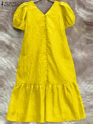 ZANZEA Fashion V-neck Ruffles Dresses Women Solid Puff Short Sleeve Midi Dress 2024 Summer Korean Harajuku Loose Dress Oversized
