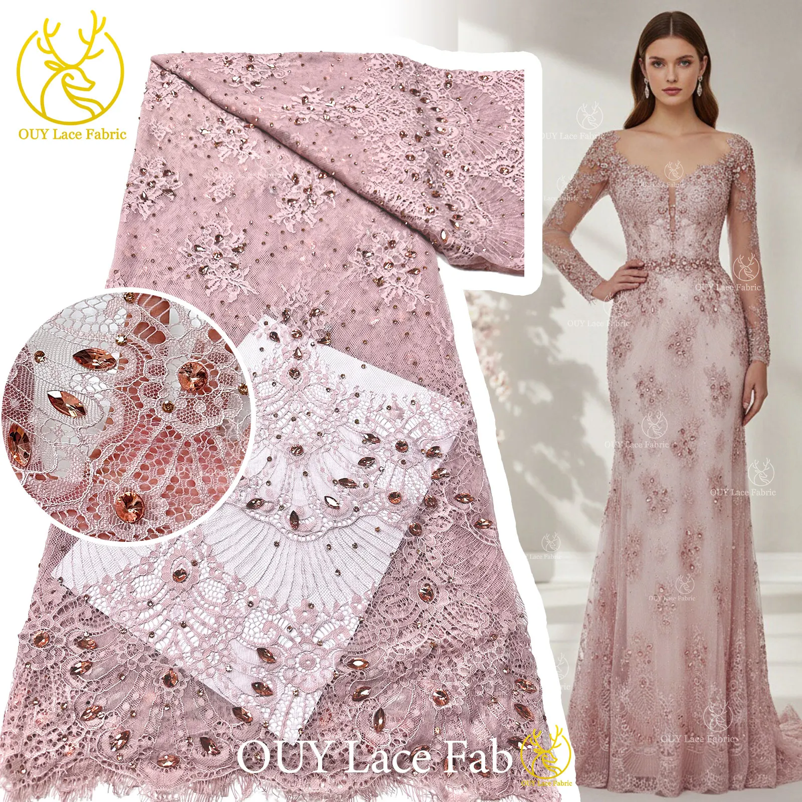 

2026 Hot Sale Dignified Luxury Noble Quality Handmade Embroidery Net Lace Fabric With Stones For Women Wedding Dress 3 Meters