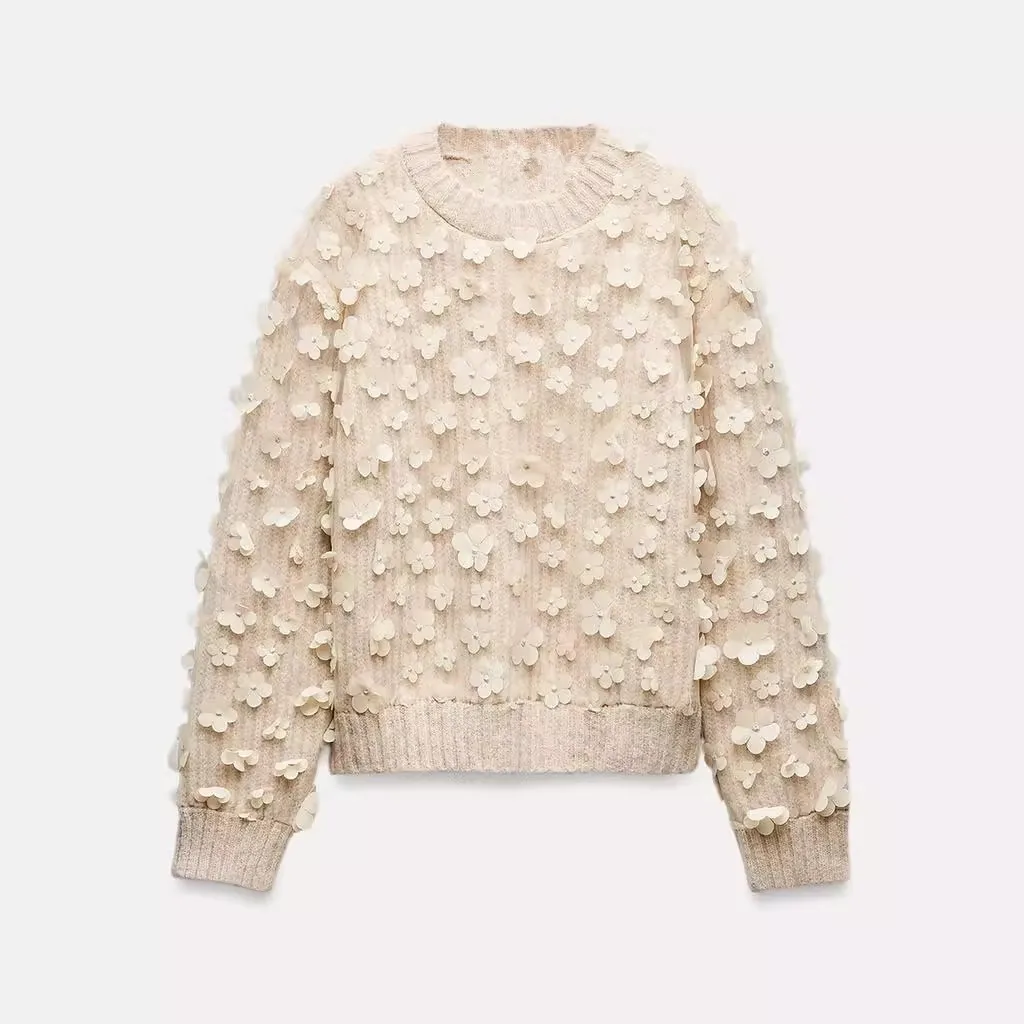 وصل حديثًا لخريف وشتاء سترة نسائية محبوكة بأكمام طويلة مزخرفة بالزهور مرقعة بنمط حلو فضفاض مناسب من ألياف البوليستر