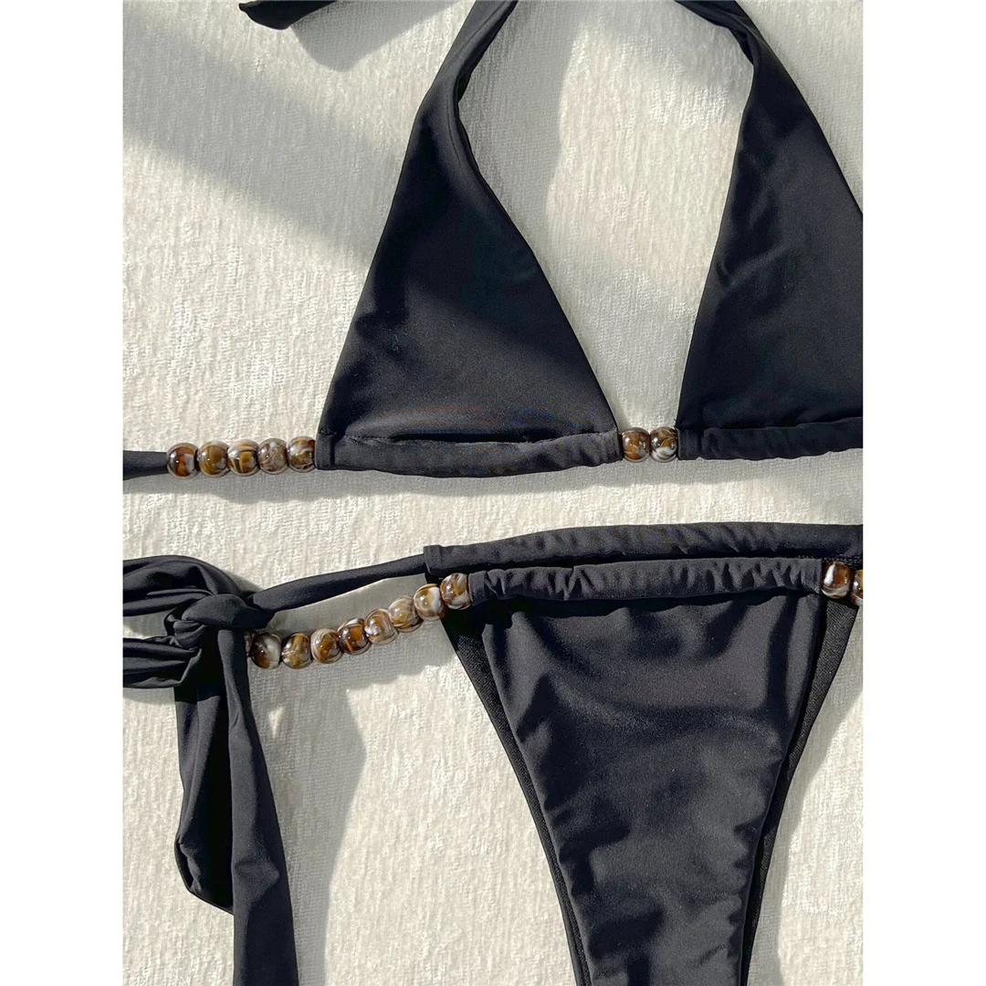 Neuer Bikini mit Perlen, Neckholder, hohem Beinausschnitt und Riemchen, Damen-Badeanzug, zweiteiliger Bikini-Set, Badebekleidung, Badeanzug, Schwimmbikini V6434 – Detail 8