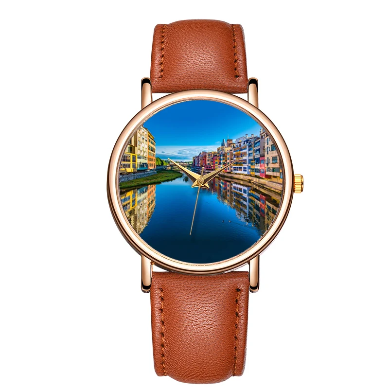 Fashion Women Quartz Watch Set For Women Beautiful Landscape Picture Wristwatch Leather Waterproof Light Watch