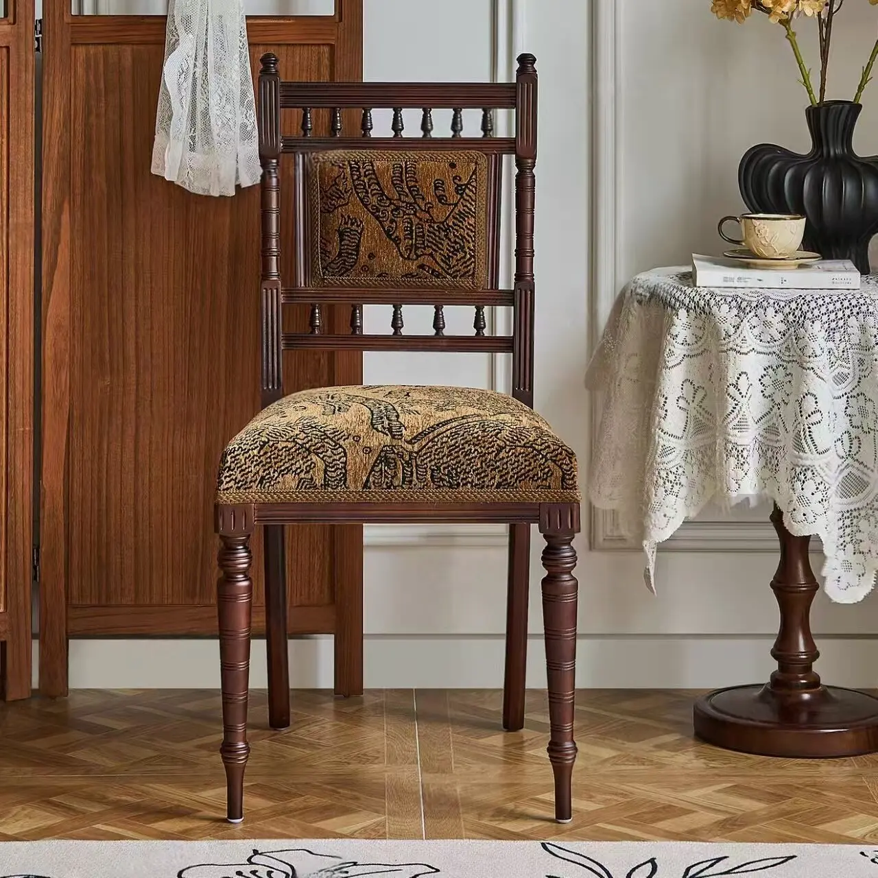 Factory-direct Vintage-style Solid Wood High-back Upholstered Dining Chair Living Room Leisure Chair Cafe Seat