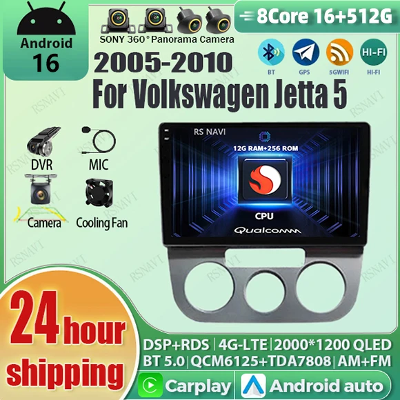

Android 16 Carplay Auto Qualcomm 2K QLED Screen Car Radio Player For VW Jetta 5 2005-2010 GPS Wifi 4G Video BT Stereo Multimedia