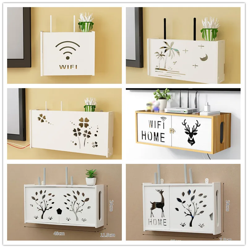 Wireless Wifi Router Shelf Storage Box Wall Hanging Wood-Plastic Organizer Box Cable Power Bracket Organizer Box DIY Home Decor