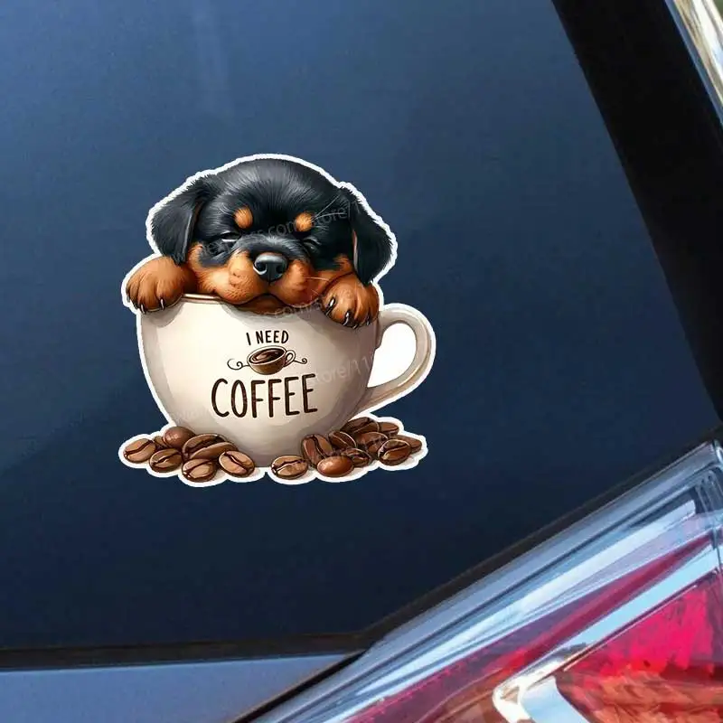 Retro Coffee Cup with Dog And Coffee Beans Stickers for Car Wall Office - Coffee Lovers Decal Q32