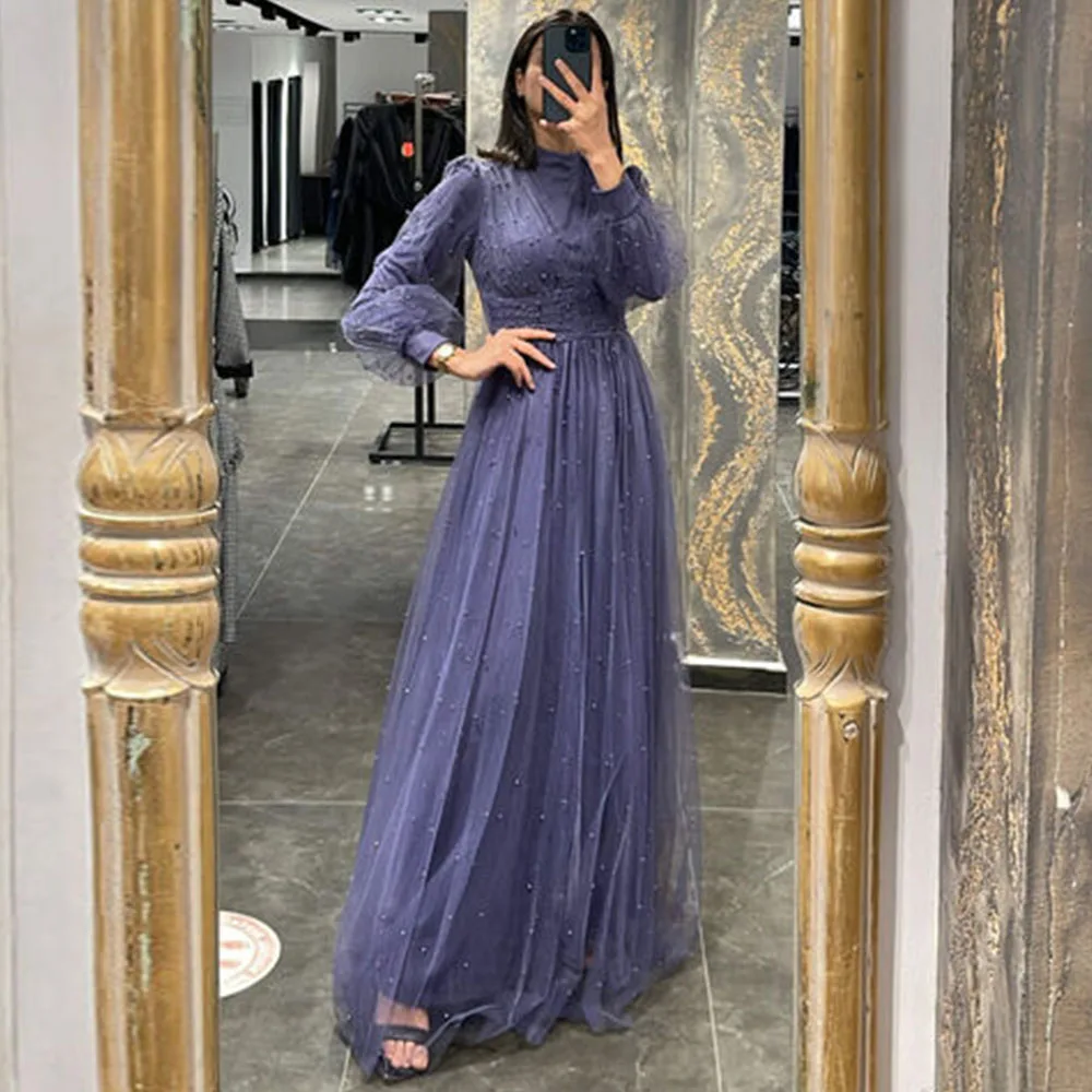 

Purple Evening Dresses 2023 Women Floor Length A-Line Puffy Full Sleeve O Neck Pearls Tulle Wedding Guest Gowns Zipper Back