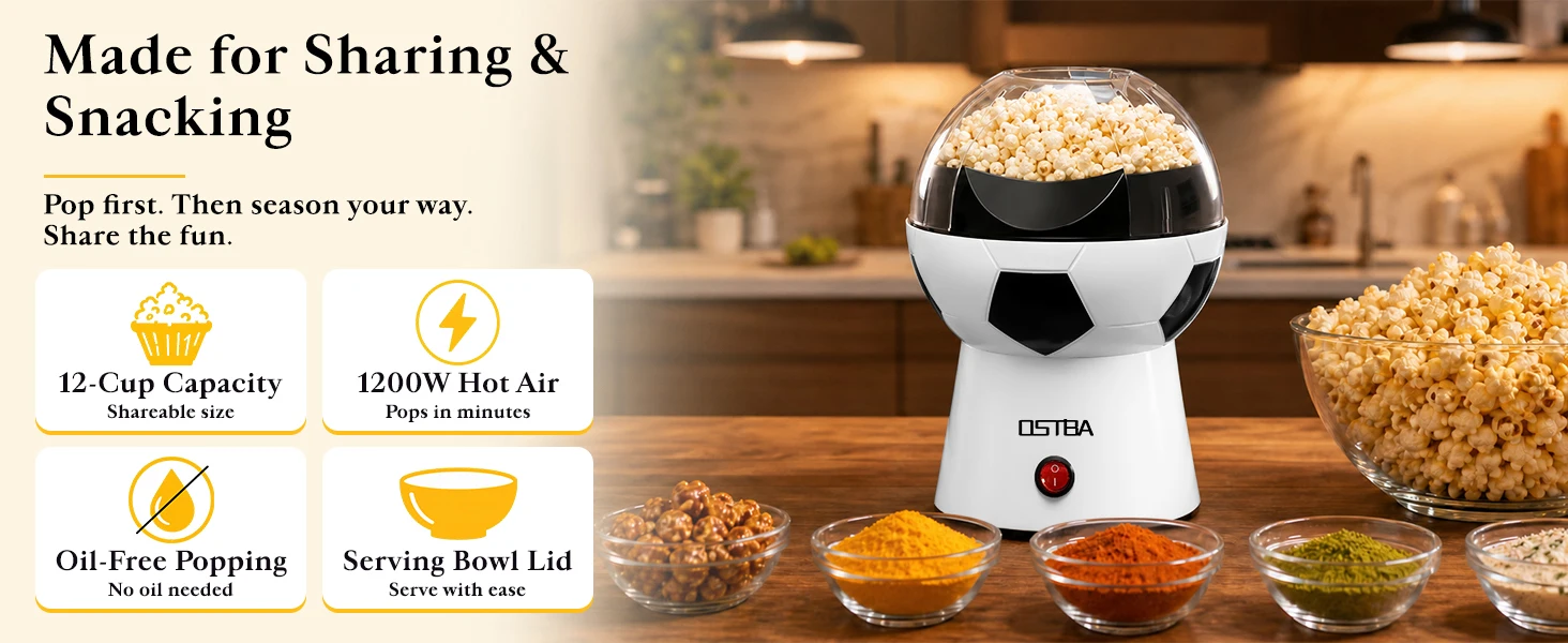 Popcorn Maker, 12-Cup Hot Air Popcorn Popper, Soccer Ball Design
