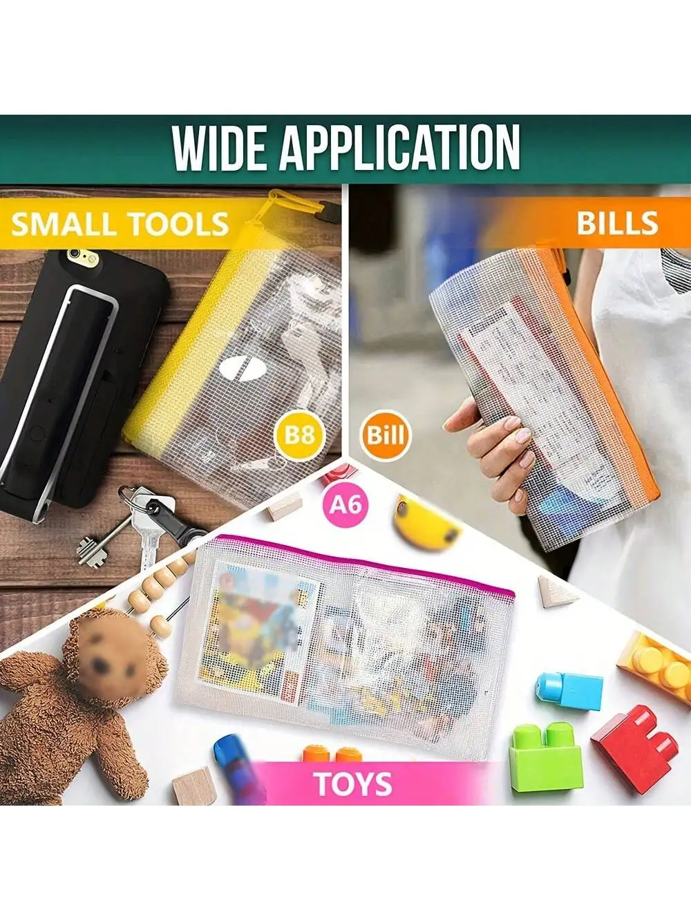 Bolsas versáteis à prova d'água com zíper, organizadores transparentes de vários tamanhos com zíperes coloridos para viagens, escola e casa