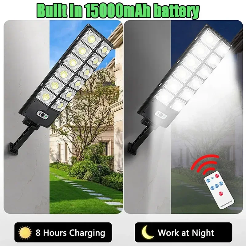 Luces solares LED con Sensor de movimiento, lámpara Solar externa más brillante para exteriores, reflector con Control remoto, luz de calle, 504LED, 12000LM