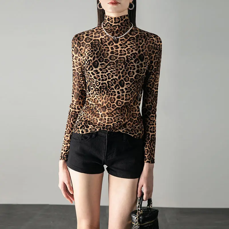 Mesh Leopard Print T-Shirts Spring Autumn New Vintage Elegant Chic Tees High Neck Long Sleeved Sexy Thin Style All-match Tops