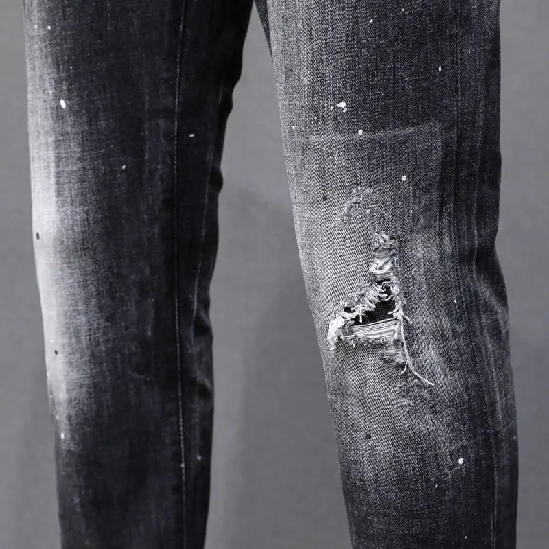 Street Designer Fashion Men Jeans High Quality Retro Black Gray Stretch Slim Fit Ripped Jeans Men Y2K Brand Vintage Denim Pants