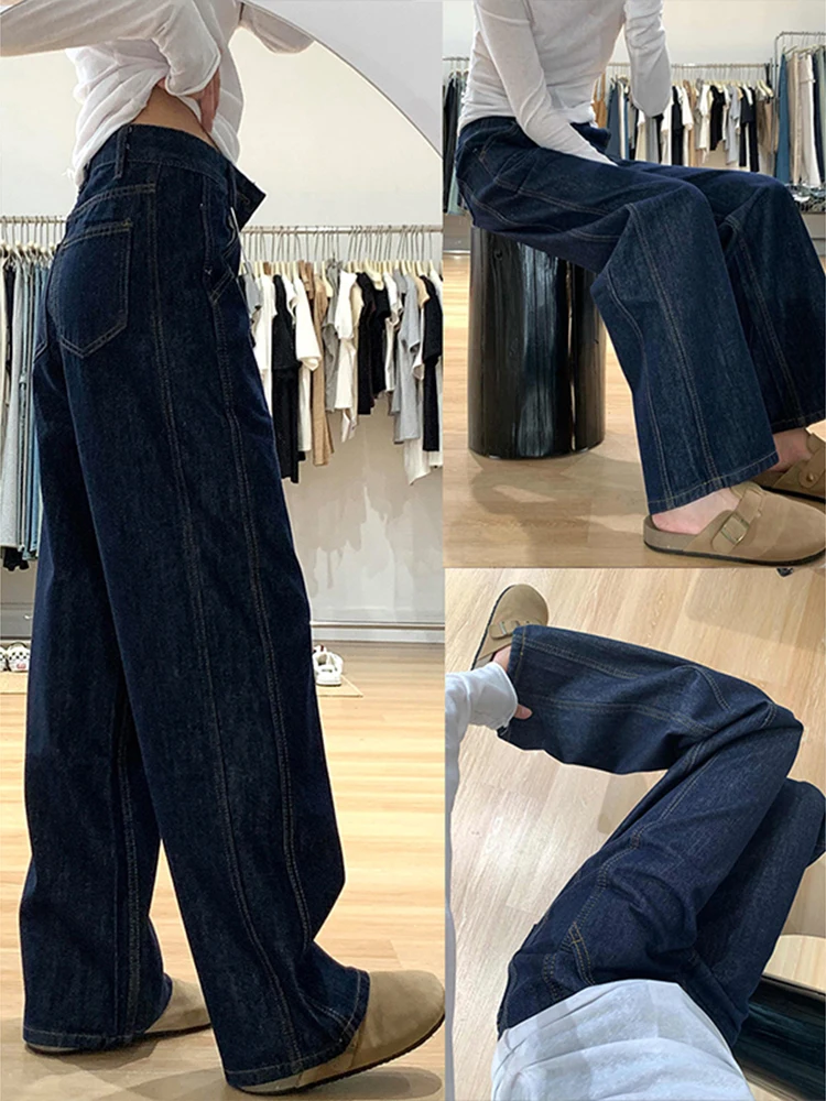 

Ретро-джинсы синие, широкие, женские, осенне-зимние, стройнящие, в пол, свободные, с легким расклешением, повседневные...