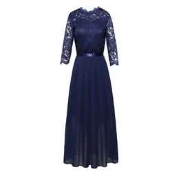 Contrast Lace Pleated Elegant Solid 3/4 Sleeve Party Maxi Formal Evening Dress