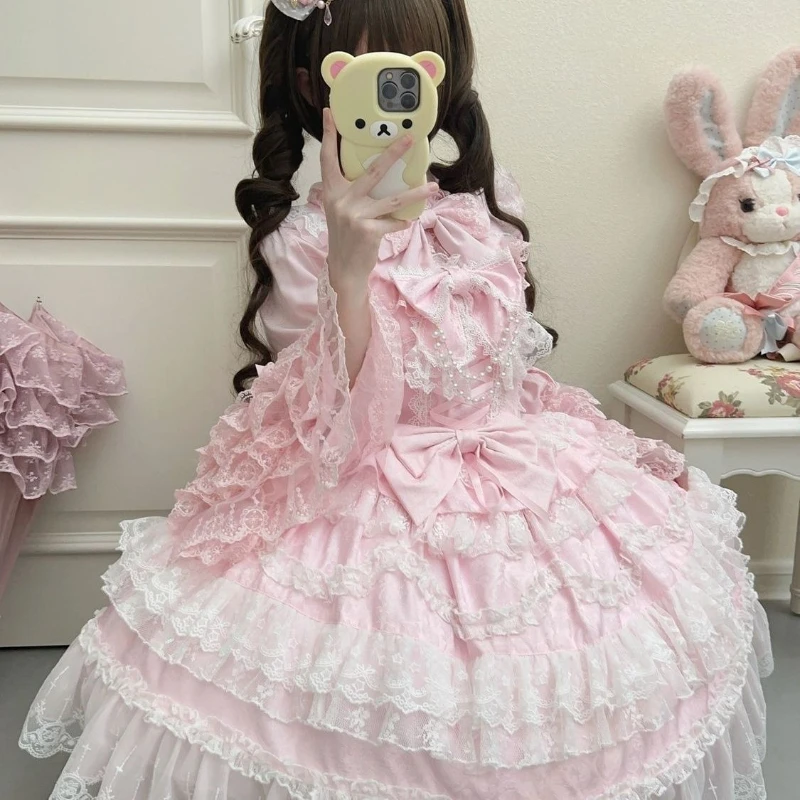 Lolita Kawaii Y2k Langarm-Trägerkleid Japanisches Knielanges Damenkleid Elegantes Spitzen-Schleifen-Patchwork-Ballkleid Süß für Alle Jahreszeiten – Detail 6