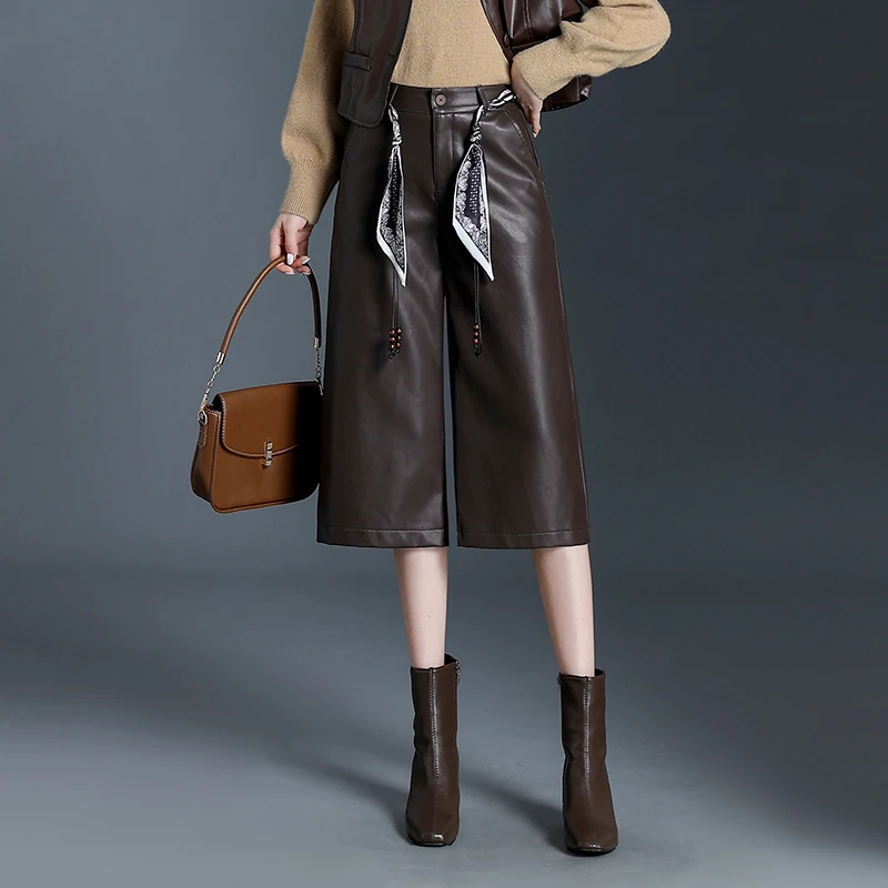 

Slimming Straight Leg PU Leather Pants Women's Autumn Winter New Faion High Waist Wide Leg Casual Trousers Outerwear