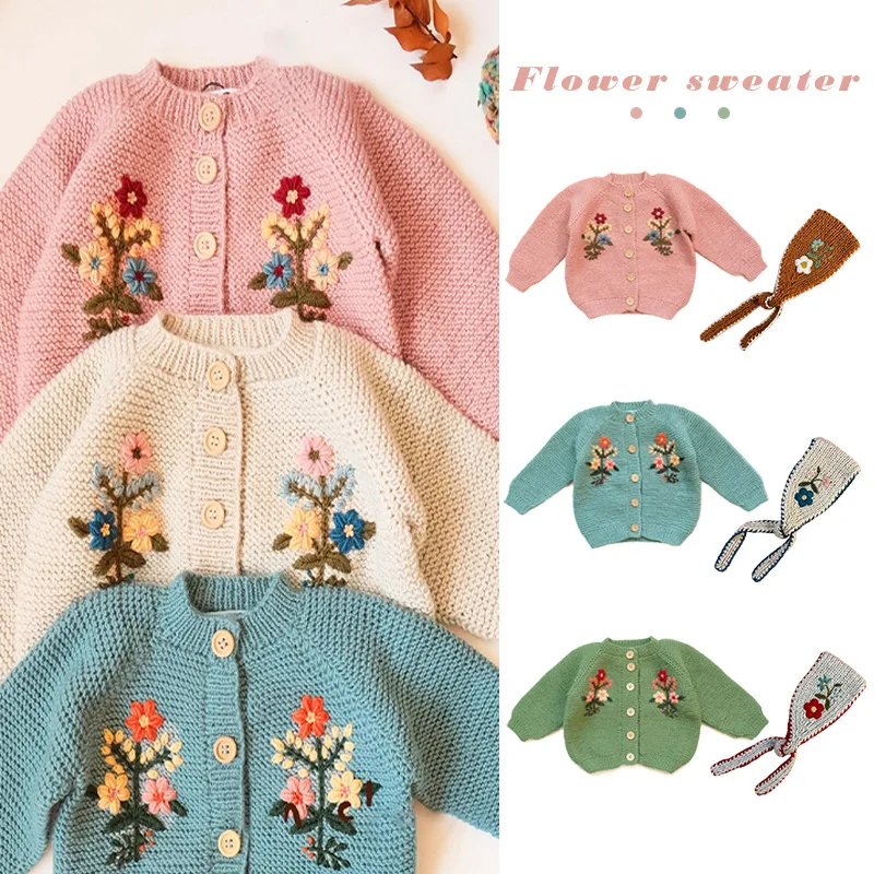 

Children's Sweater 2025 Autumn Winter Retro Style Girls' Handmade Flower Embroidery Knitted Cardigan