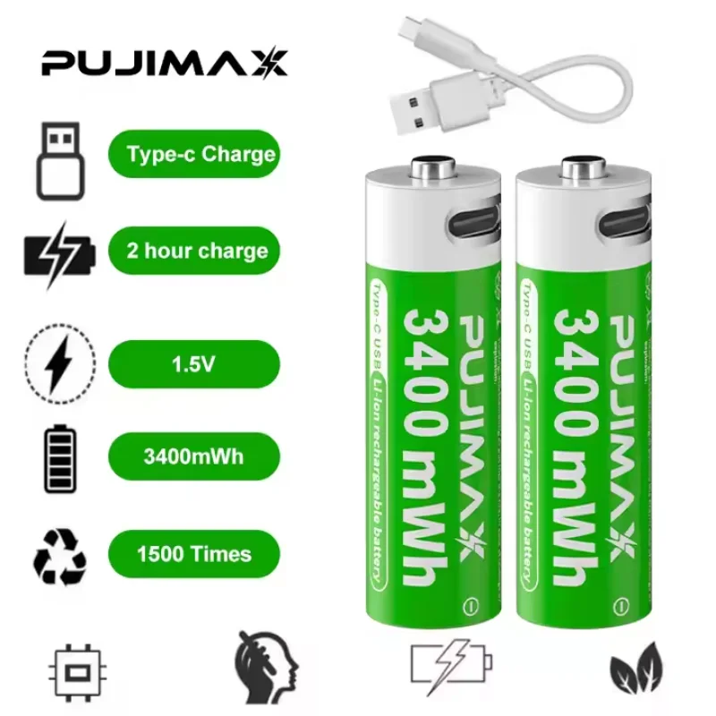 PUJIMAX 1.5V 3400mWh AA Rechargeable Battery USB Type-C Rechargeable aa Li-ion Battery for Remote Control Smart Door Lock Toys