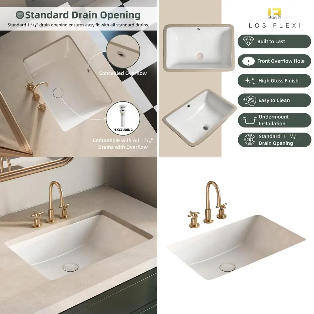 

24 Inch Undermount Bathroom Sink with Overflow, 24 x 16 Glossy White Vitreous China Counter Basin