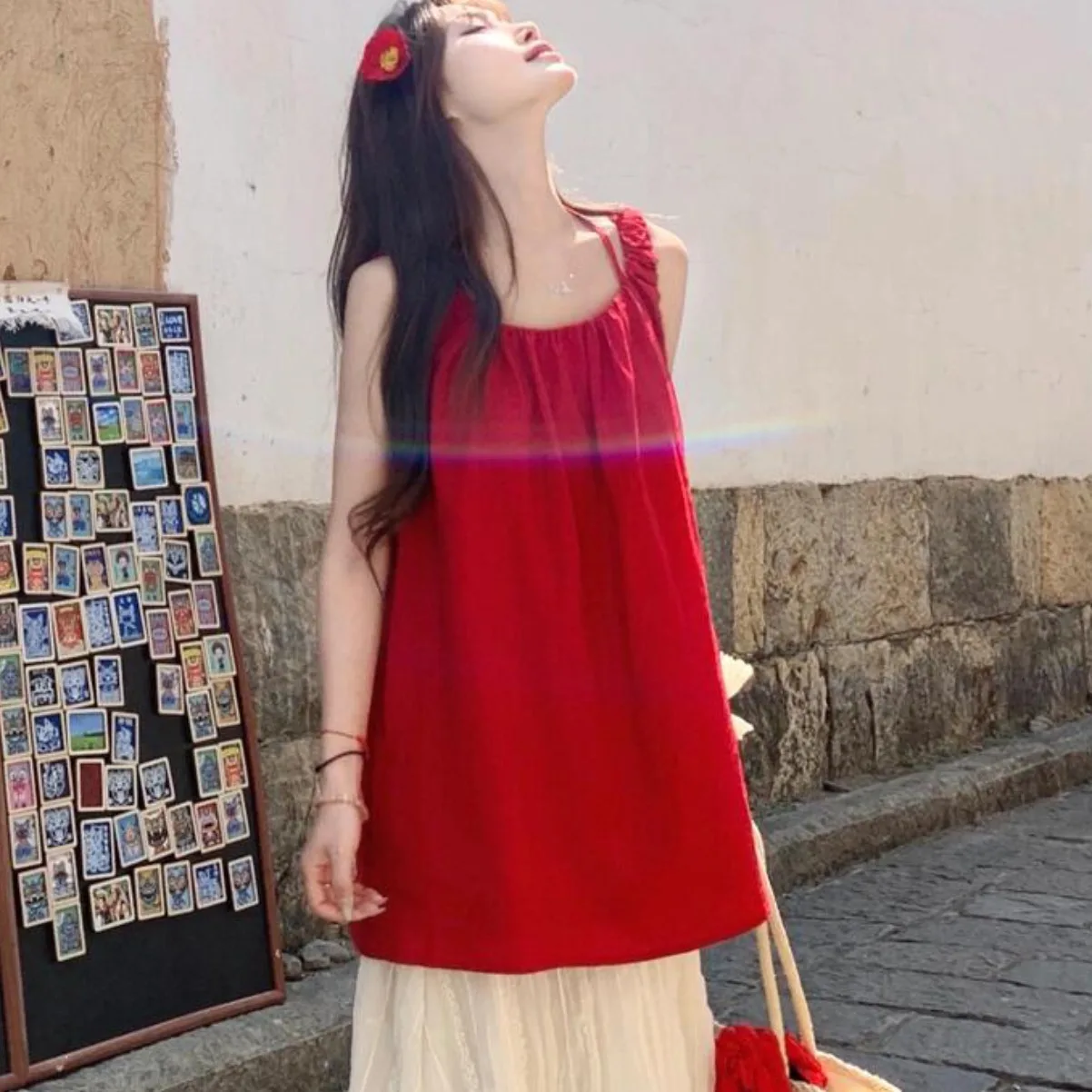 Zomer nieuwe damesvest riem losse super afslankende witte hangende ne pop rok irt top borstverkleining comfortabele pasvorm