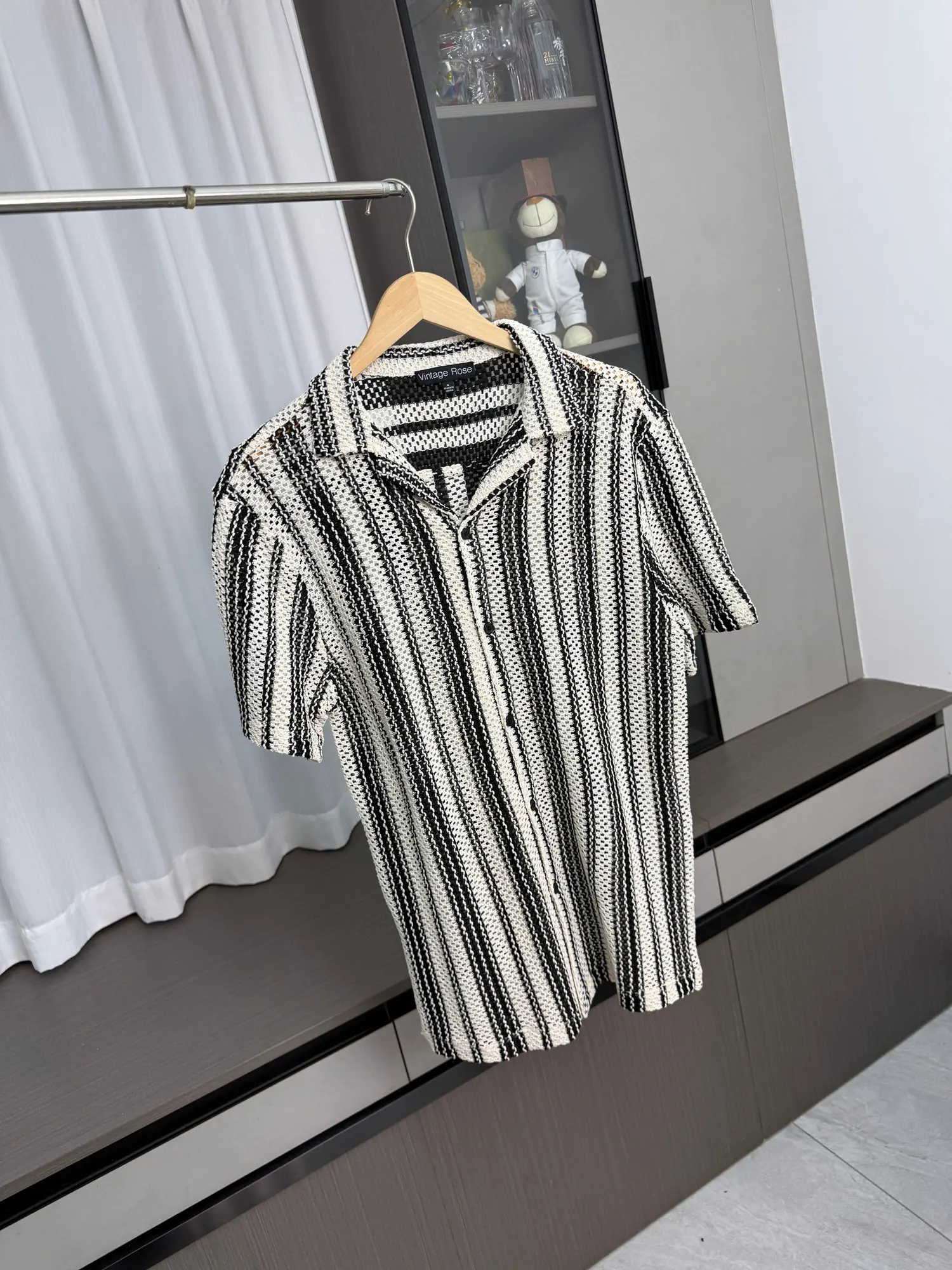 Summer Vacation Style Knitted Hollow Out Shirt For Men French Casual Fashion Loose V-neck Single Breasted Striped T-shirt