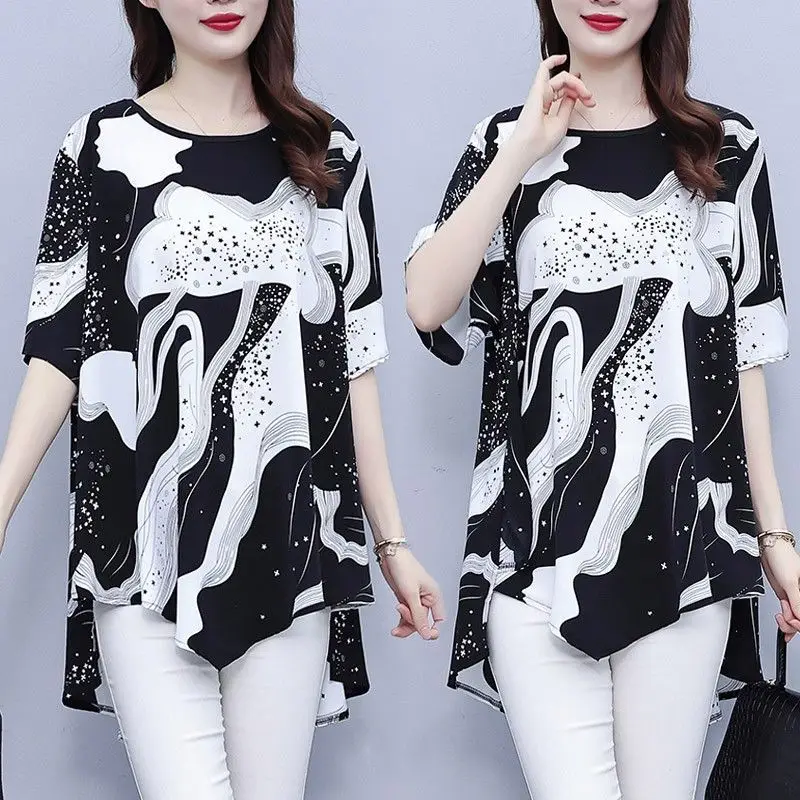 Female Casual Korean Printed Irregular T-shirt Loose All-match Commute Half Sleeve O-Neck Long Tops Summer Women\'s Clothing