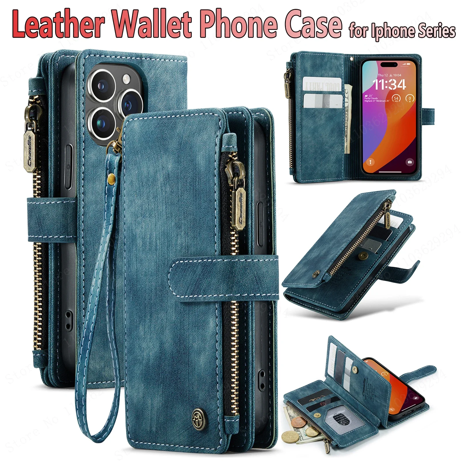 Suitable for IPhone 15 14 13 12 11 Pro Max XS 7P Multi-card Slot Zipper High-end Retro Genuine Leather Wallet Mobile Phone Case