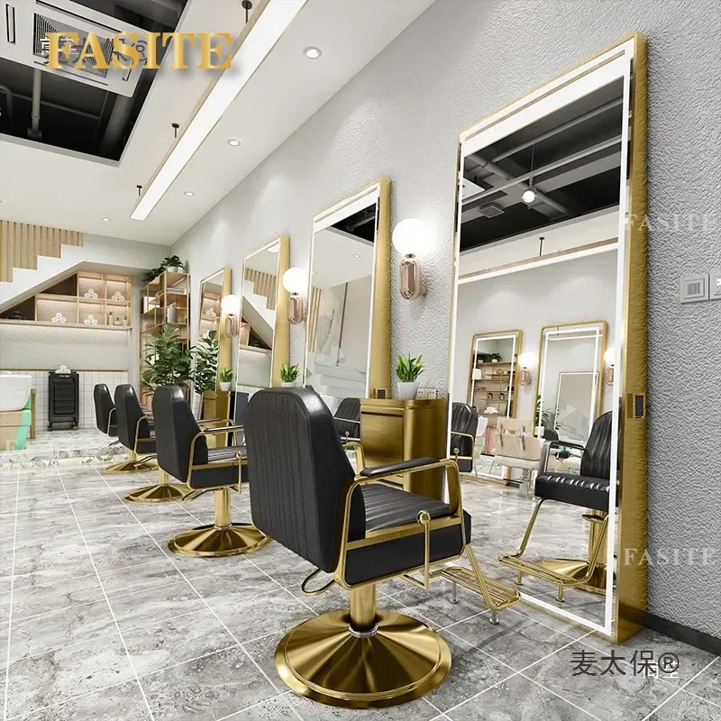 For Hair Barber Shop Floor to Ceiling Mirror Table with Light Single Double Sided Wall Mounted Hairdresser Vanity