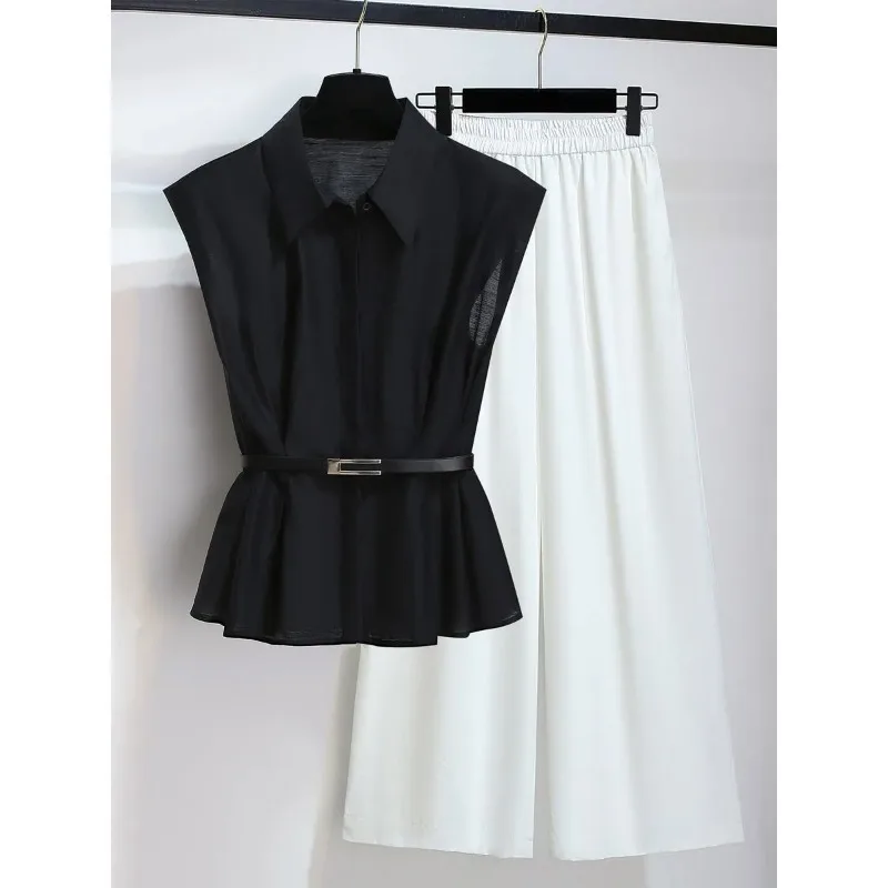 

Women's Black Sleeveless Belted Shirt and White Wide Leg Pants 2 Piece Summer Outfit