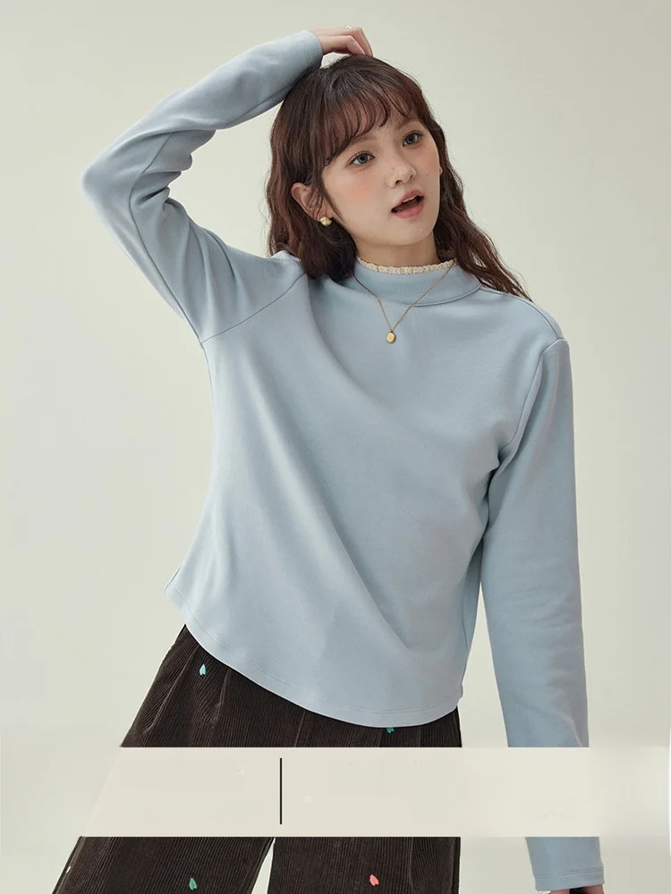 

North Island AMUU Original Lace Trim Stand Collar Long Sve T-irt Women's Winter New Sle Pure Color Base Layer Top