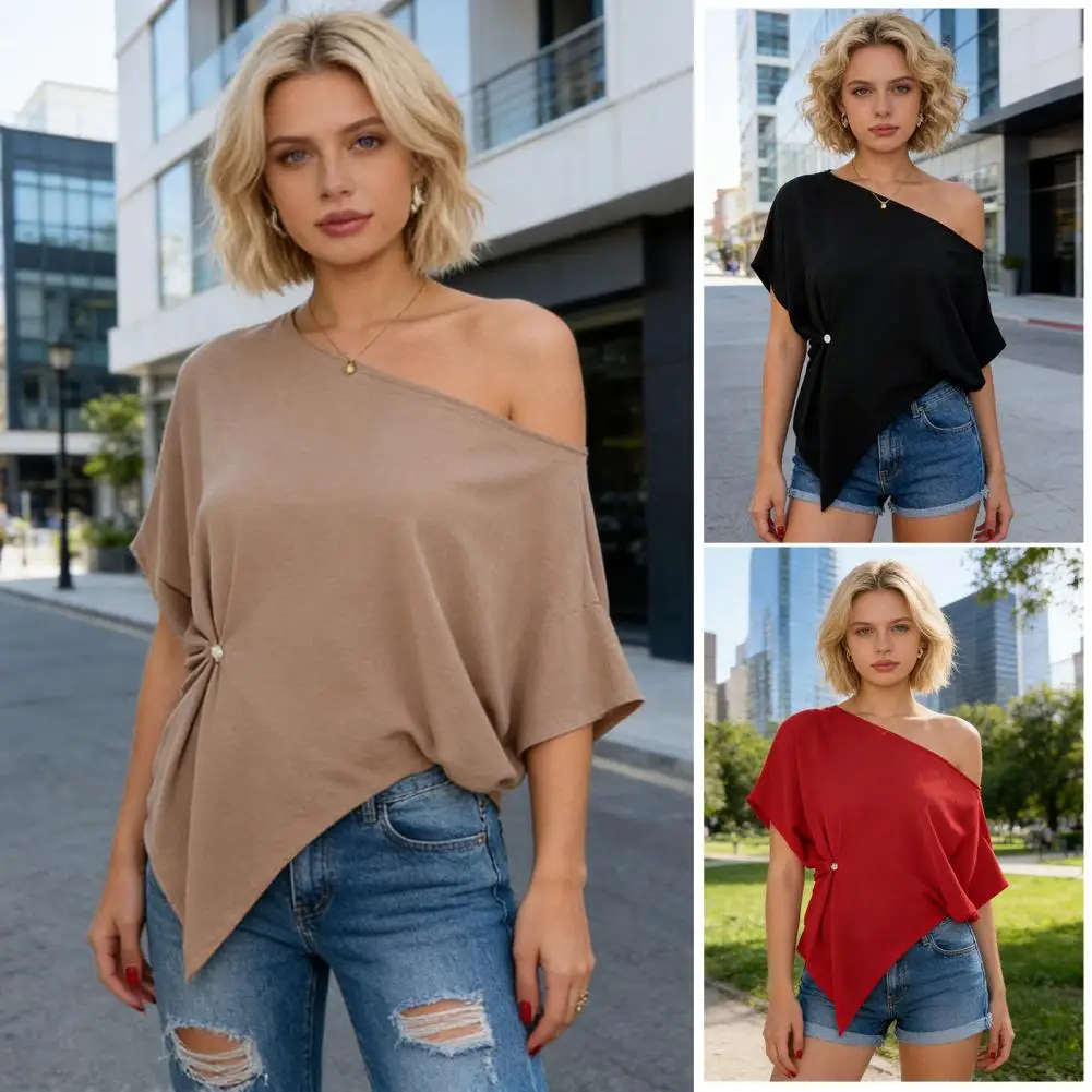 

Women Tops Women’s Skew Collar T-shirt Batwing Short Sleeve Top Waist-tight Design Tee Soft Stretchy Fabric Loose Fit Pure