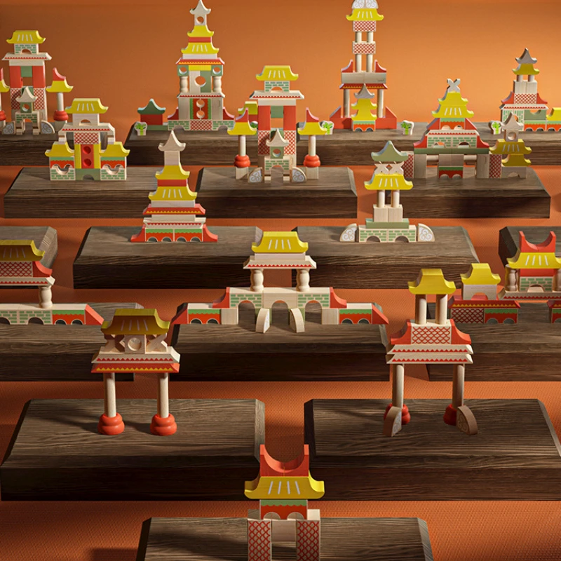 55pcs Wooden Puzzle Chinese Style Building Blocks Set Children Toy Constructor Stacking Board Games Montessori Interactive Toys