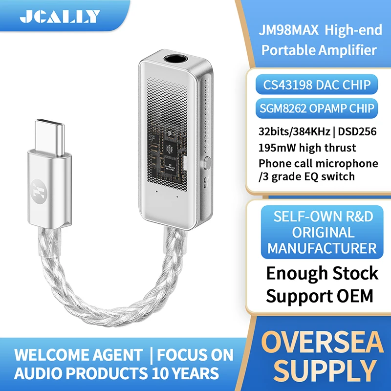 JCALLY JM98MAX Amplificador de fone de ouvido portátil de última geração CS43198 DAC SGM8262 OPAMP 32bit 384kHz DSD256 Tipo C para 3,5 mm JM98 MAX