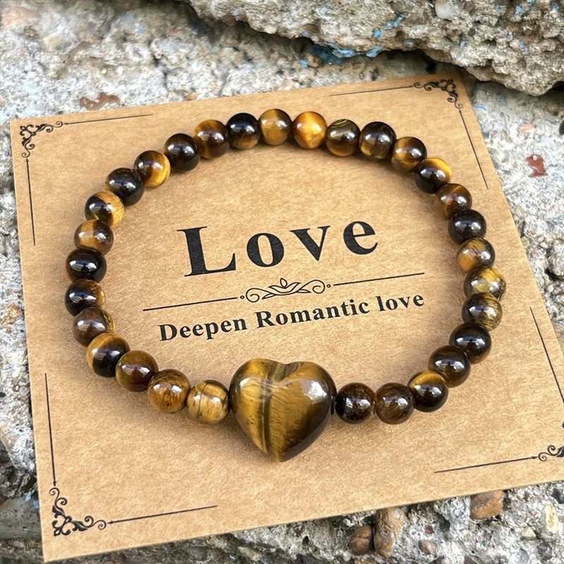 Elastic Handmade Natural Stone Heart Beaded Bracelet Rose Quartz Amethyst Tiger Eye Obsidian 6mm Jewelry Gift Unisex