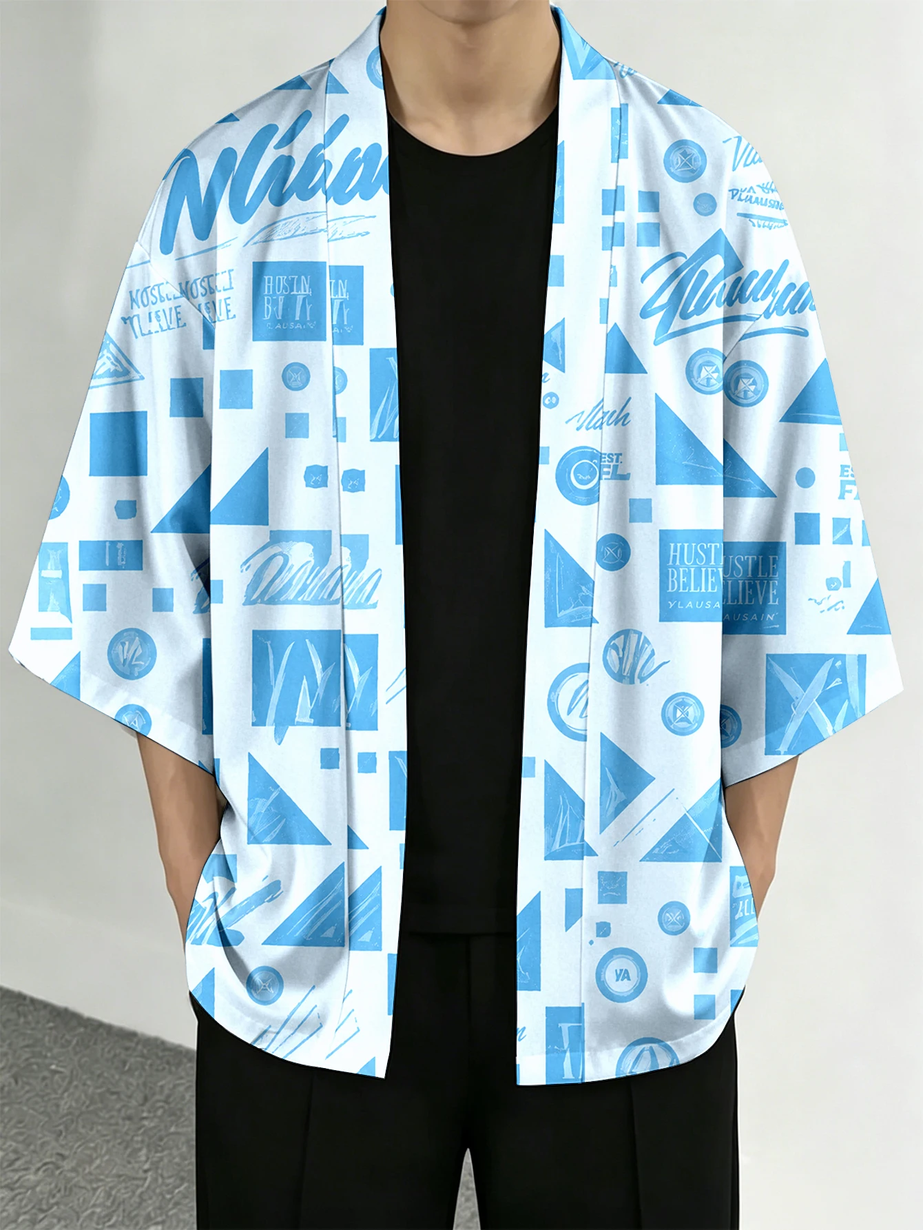

Men's casual top Blue Geometric Graphic Casual Openfront top for everyday wear 3D Digital Print 100% Polyester Abstract Pattern Printed Kimono Cardigan Fit for Spring/Summer Resort and Street Fashion Apparel