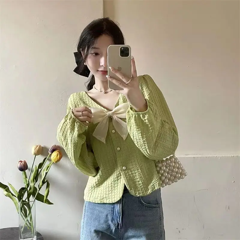 Shirts for Women Solid Bow Long-sleeve Design Tender Ladies Korean Style Fashion Spring All-match Camisas Mujer Hot Sale Newly