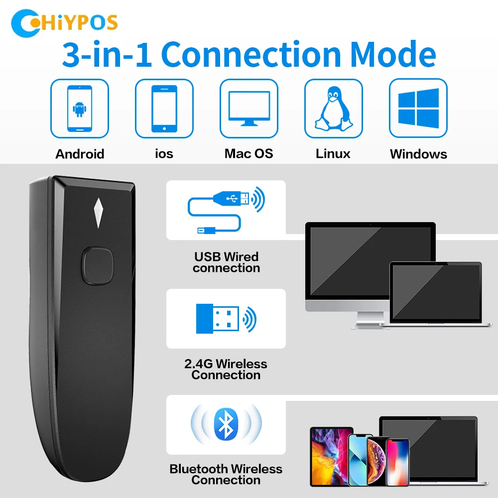 2D Mini Barcode Scanner Portable 3-in-1 Bluetooth & USB & 2.4G Wireless QR Scanner Pocket Wireless QR Reader Data Matrix PDF417