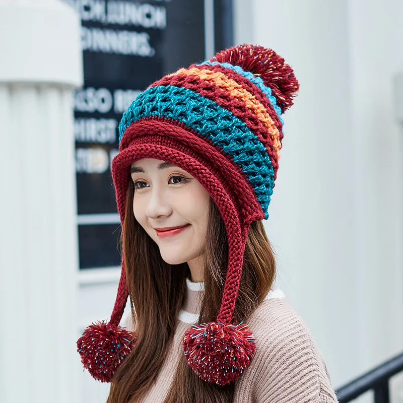 Winter Knitted Hats Women Patchwork Pompon Balls Earflap Caps Ladies Warm Thick Winter Beanies Female Beanie Hat шапка женская