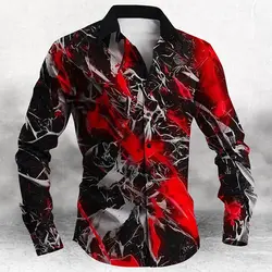 Men's flame pattern 3D printed button up shirt, fashionable long sleeved casual outdoor social shirt top
