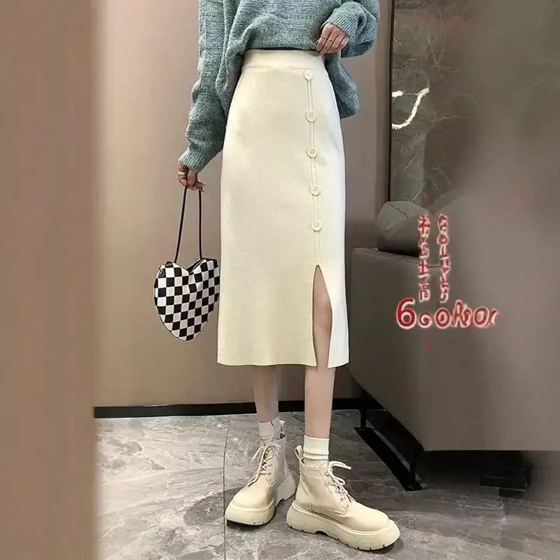 Jupe mi-longue en tricot fendu pour femmes, demi-corps, automne et hiver, jupe trapèze taille haute