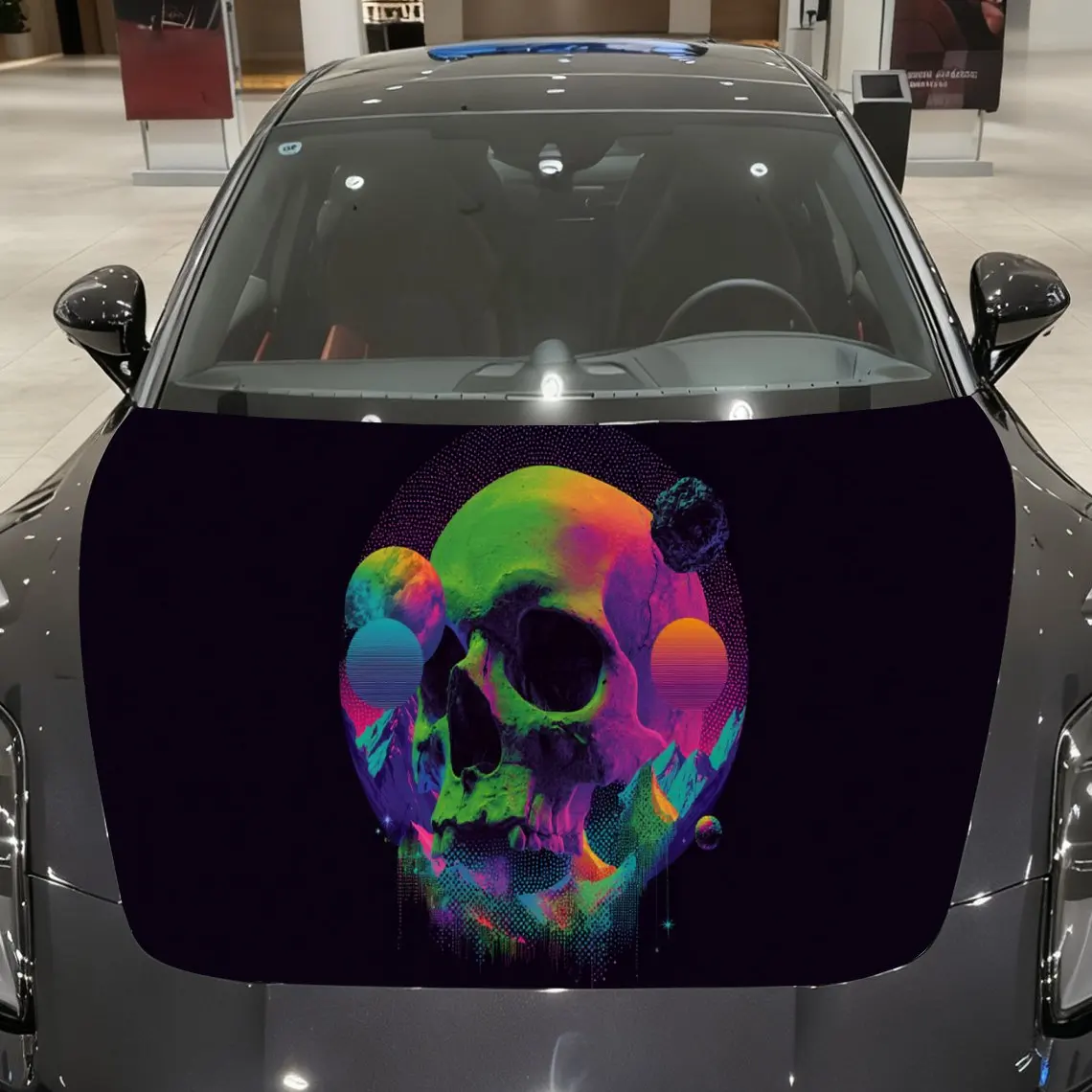 Neon Cosmic Skull Car Hood Wrap, Vibrant Galaxy Planets & Mountains Car Hood Decal, Sci - Fi Car Exterior Accessory, Waterproof